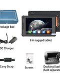 Eight Inch Rugged Tablet With Integrated 2D Barcode Scanner And Android 13 System Offering Rock Solid Durability And Ip65 Water Resistance For Logistics Crews Seeking Heavy Duty Mobile Tech with charger and accessories.