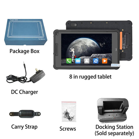 Eight Inch Rugged Tablet With Integrated 2D Barcode Scanner And Android 13 System Offering Rock Solid Durability And Ip65 Water Resistance For Logistics Crews Seeking Heavy Duty Mobile Tech with charger and accessories.