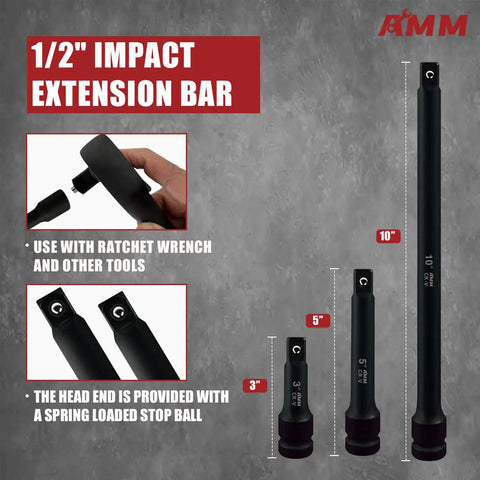 1/2 inch impact extension bar set with 3, 5, and 10-inch extension bars shown, part of Beefed-Up 1/2 Inch Drive Deep Impact Socket Set.