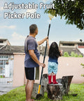 Adjustable 9 Foot Fruit Picker With Basket And Cushioned Landing Pad Long Handle Mango Grabber For Harvesting Apple Pear Orange Lemon Mango Avocado Peach Citrus Grapefruit Easy One Hand Use And Large Capacity, man and child using pole in garden