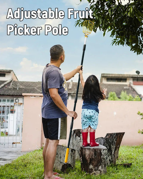 Adjustable 9 Foot Fruit Picker With Basket And Cushioned Landing Pad Long Handle Mango Grabber For Harvesting Apple Pear Orange Lemon Mango Avocado Peach Citrus Grapefruit Easy One Hand Use And Large Capacity, man and child using pole in garden