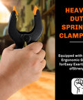 Hand holding a heavy duty spring clamp with ergonomic grip; ten pack heavy duty spring clamps set with three sizes 6.5 inch 4.5 inch and 3.5 inch plastic backdrop clips for crafts woodworking photography and DIY projects.