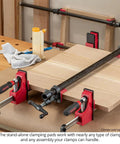 Heavy Duty Woodworking Clamp Pads 12 Pack Shield Boards From Nasty Glue Residue And Dent Marks Universal Fit on bar clamps in workshop.