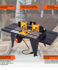 Beefy Benchtop Router Table Built Tough With Sturdy Steel Stand Sliding Extension Tops Crank Adjustable Fence Flip Lock Safety Guard Precision Miter Gauge For Smooth Woodworking Projects with adjustable featherboards and dust-collection port.