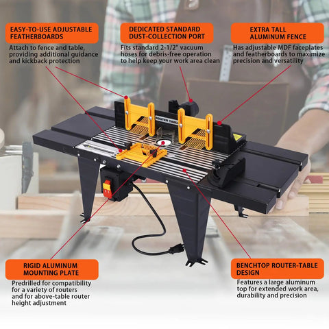 Beefy Benchtop Router Table Built Tough With Sturdy Steel Stand Sliding Extension Tops Crank Adjustable Fence Flip Lock Safety Guard Precision Miter Gauge For Smooth Woodworking Projects with adjustable featherboards and dust-collection port.