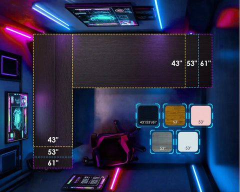 Top view of L Shaped Gaming Desk With LED Light And Power Outlet 53 Inch Reversible Computer Desk in a neon-lit room