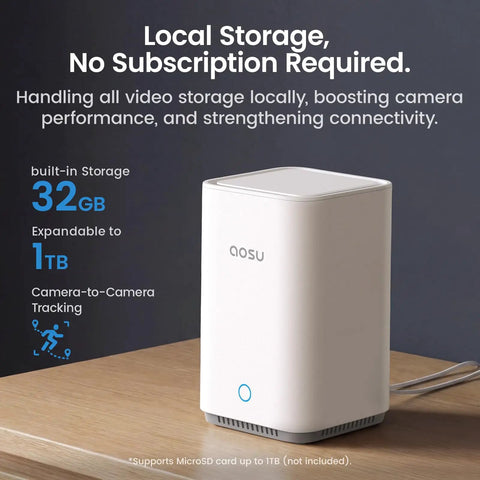 Wireless Outdoor Security Camera Kit With Local Storage 2K Resolution showing 32GB built-in, expandable to 1TB
