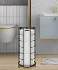 Free Standing Toilet Paper Organizer Stand With Three Roll Capacity Rustproof Metal Bathroom Accessory Matte Black Roll Holder For Kitchen Countertop Or Cabinet Shelf Raised Base Keeps Paper Dry next to toilet