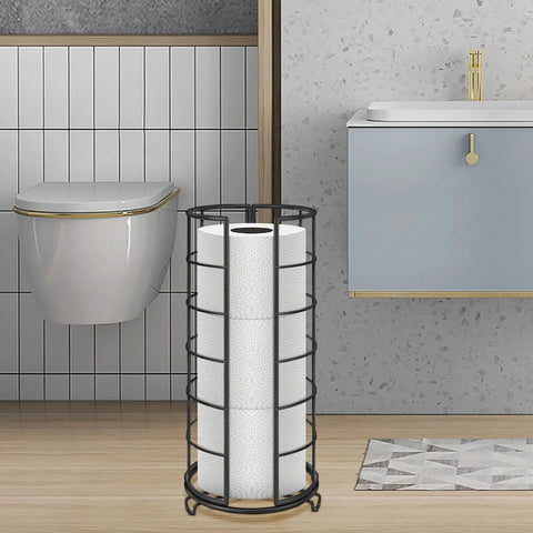 Free Standing Toilet Paper Organizer Stand With Three Roll Capacity Rustproof Metal Bathroom Accessory Matte Black Roll Holder For Kitchen Countertop Or Cabinet Shelf Raised Base Keeps Paper Dry next to toilet
