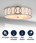 Brass Gold Modern LED Flush Mount Ceiling Light with White Linen Drum Shade and Geometric Fretwork, 15.5 Inch Fixture