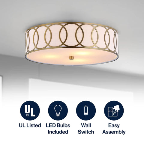 Brass Gold Modern LED Flush Mount Ceiling Light with White Linen Drum Shade and Geometric Fretwork, 15.5 Inch Fixture
