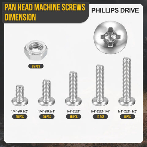Quarter Inch Twenty Pan Head Machine Screws Assortment Kit 100 Pieces 304 Stainless Steel Phillips Bolts shown with sizes.