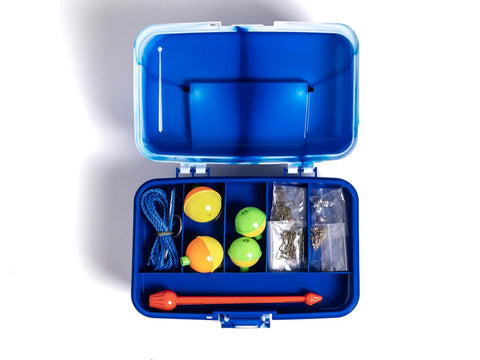 88 Piece Bank Fishing Essentials Tackle Box Kit With Hooks Swivels Split Shot Floats Stringer And Disgorger In A Compact Blue Box Perfect Starter Gift For Beginner Anglers