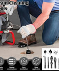 No Sweat Clearing Blocked Lines With This 10 Piece Drain Snake Drill Attachment Set Rock Solid High Carbon Steel Cutter And Auger Heads Perfect Fit For K400 C4 C6 C7 C8 And C9 Rigs, person using drain snake tool.