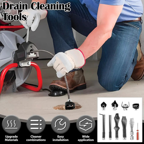 No Sweat Clearing Blocked Lines With This 10 Piece Drain Snake Drill Attachment Set Rock Solid High Carbon Steel Cutter And Auger Heads Perfect Fit For K400 C4 C6 C7 C8 And C9 Rigs, person using drain snake tool.