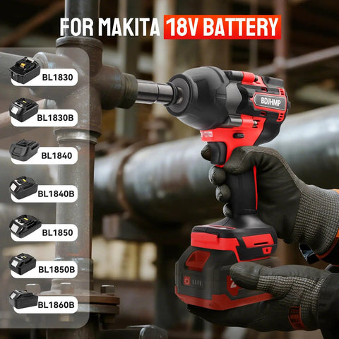 Heavy Duty Cordless Impact Wrench With Half Inch Drive Featuring A Brushless Motor And Legit 1106 Foot Pound Torque Heavy Hitter Shop Tool Works Seamless With Makita 18 Volt Batteries in use with Makita battery.
