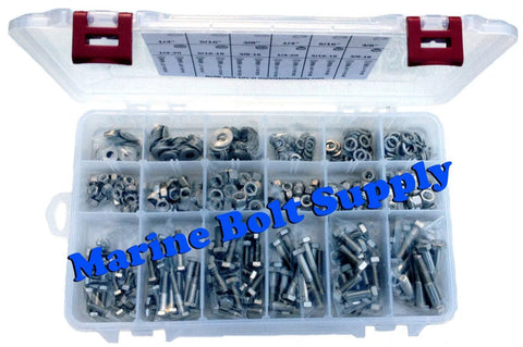 Type 316 stainless steel hex bolts master kit in a clear plastic storage case with nuts and washers