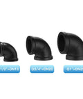 Three sizes of black pipe elbow set, DN15, DN20, DN25 shown, for DIY plumbing, part of Three Quarter Inch Black Pipe Elbow Set, 10 Pack