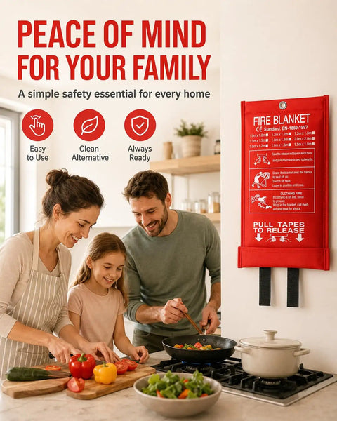 Two Pack Hella Tough Emergency Fire Blanket, 40 Inch Premium Fiberglass Flame Resistant Sheet displayed in kitchen setting.