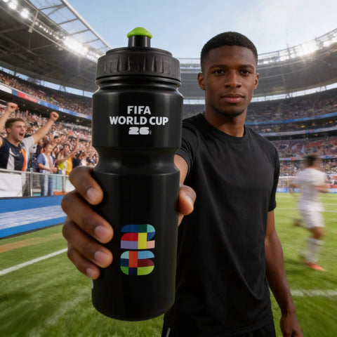 Man holding a FIFA World Cup branded black water bottle at a stadium