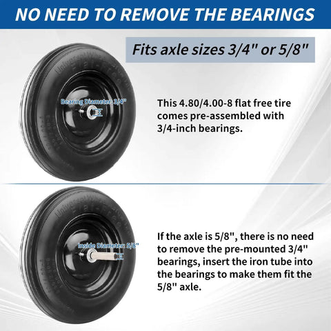 Flat Free 4.80/4.00-8 Tire And Wheel For Wheelbarrows Hand Trucks Carts And More with 3/4 inch and 5/8 inch bearings shown