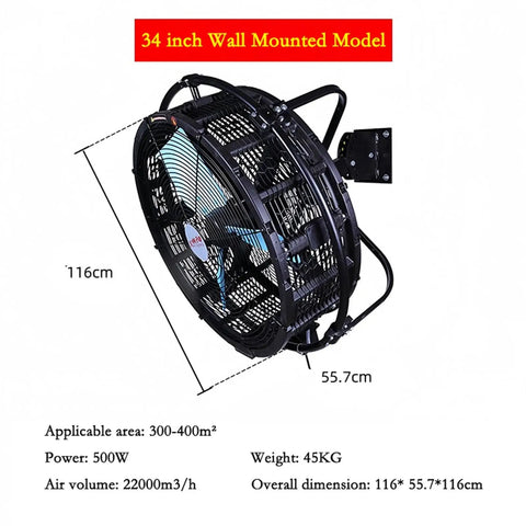 Rugged 34 Inch Industrial Wall Mounted Electric Fan Delivers Serious Cool Airflow With Adjustable Tilt Heavy Duty Metal Frame built tough for workshop cooling.