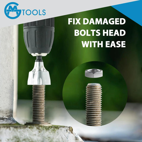 Side view of GMTOOLS external deburring chamfer tool with YG8 blade and quick-release shank deburring a bolt; inset shows threads.
