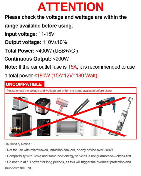 Road Warrior 400W Car Power Inverter 12V To 110V AC Adapter With 65W USB C Fast Charging Port warning instruction guide.