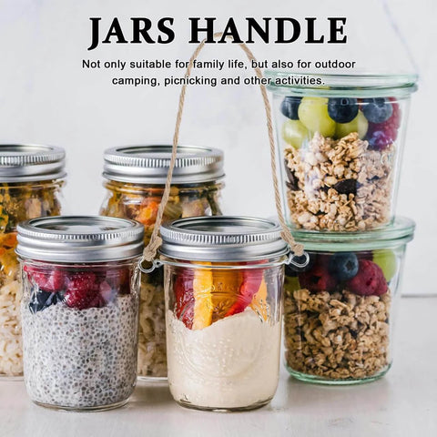5 Pcs Metal Jar Handles And Wire Hangers For Mason Jars With Universal Hemp Rope holding jars filled with fruit and grains