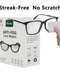 Purelia Anti-Fog Lens Wipes box (100 count) with eyeglasses and a hand pulling a pre-moistened wipe