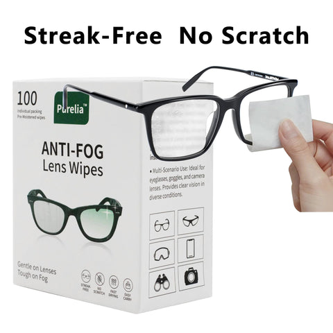 Purelia Anti-Fog Lens Wipes box (100 count) with eyeglasses and a hand pulling a pre-moistened wipe