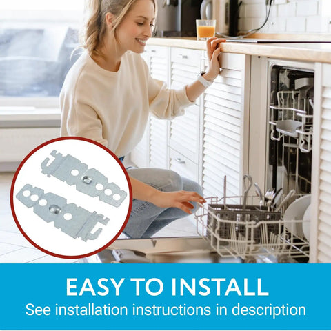 Undercounter Dishwasher Bracket Replacement Kit displayed with easy install text, showing heavy duty galvanized steel anchor clips.