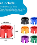 Lightweight Aluminum Alloy Bird Leg Rings With Mixed Colors 50 Pack For Tagging Pigeons Parrots Doves And Hibiscus Birds, 4.7mm Inner Diameter Split Anklets shown in red, black, blue, orange, purple, green colors