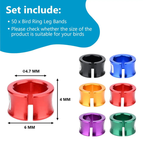 Lightweight Aluminum Alloy Bird Leg Rings With Mixed Colors 50 Pack For Tagging Pigeons Parrots Doves And Hibiscus Birds, 4.7mm Inner Diameter Split Anklets shown in red, black, blue, orange, purple, green colors