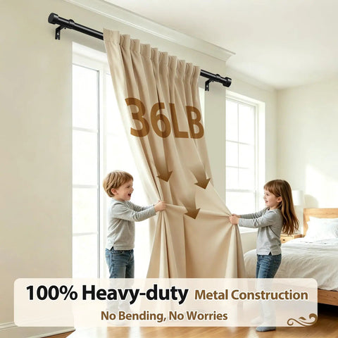 Adjustable Black Curtain Rod From 32 To 144 Inches Heavy Duty 1 Inch Curtain Rods for Windows, supporting heavy curtains securely