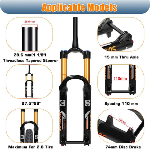 Hard-Hitting 29 Or 27.5 Inch Boost Downhill Air Fork With 180Mm Travel, front view and specifications highlighted