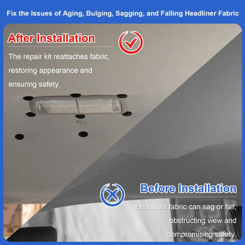 Before and after comparison of a Universal Car Roof Headliner Repair Kit With 262 Piece Set including push pin fasteners fitting.