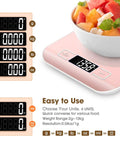 Close-up of a pink digital kitchen scale showing its LED display and six unit options for measuring food in grams and ounces.