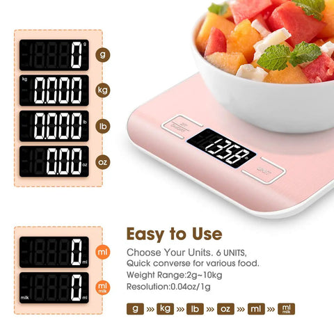Close-up of a pink digital kitchen scale showing its LED display and six unit options for measuring food in grams and ounces.