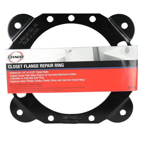 Beefy Steel Toilet Flange Repair Ring With Plastisol Armor Coats Replaces Worn Closet Rings view with black finish and screw slots.