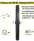 20 Inch Flat Free Wheelbarrow Wheels 2 Pack With Preinstalled Five Eighth Inch Bearings And Three Quarter Inch Adapters Replacement Cart Tires with pins, spacers, and bearings shown in diagram.