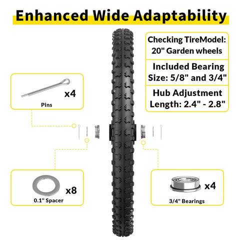 20 Inch Flat Free Wheelbarrow Wheels 2 Pack With Preinstalled Five Eighth Inch Bearings And Three Quarter Inch Adapters Replacement Cart Tires with pins, spacers, and bearings shown in diagram.