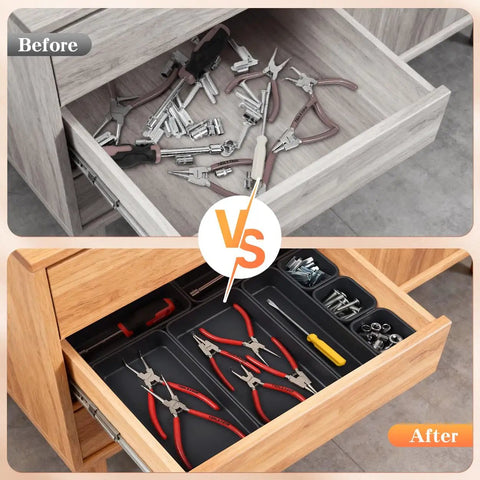 Before and after of a drawer using Interlocking Drawer Organizer Set in Three Sizes for Kitchen, Office, Makeup, Jewelry, and Tools, Durable Plastic Desk Tray Dividers, Stackable, Easy Access, Keeps Countertops and Drawers Neat and Tidy