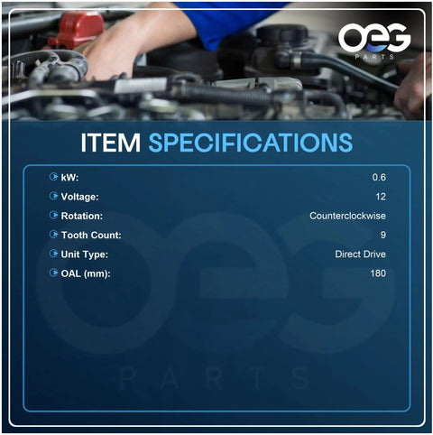 Image showing specifications for a 12V 9-Tooth Starter with counterclockwise rotation for John Deere models.