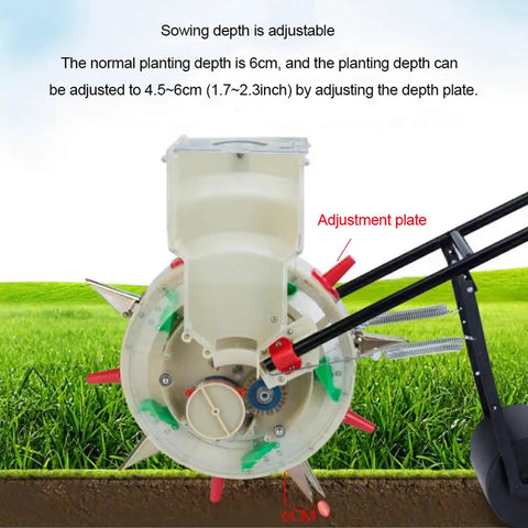 Adjustment plate close-up on No Bending Over Hand Push Seeder For Garden Beds And Lawns Semi Automatic Planter