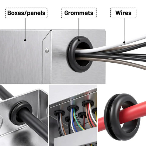 2 Inch Rubber Grommet Kit, 4 Pack Large Wire Hole Plugs For Electrical Boxes And Cables, Hose And Cord Protection in use