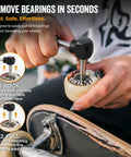 Person using Skate Bearing Press And Puller Tool for inline skates, skateboards, longboards with 8mm 608 bearings removal.