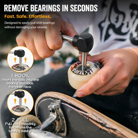 Person using Skate Bearing Press And Puller Tool for inline skates, skateboards, longboards with 8mm 608 bearings removal.