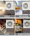 Portable Air Cooler With 40L Water Tank And 3 Speeds Plus 120 Degree Oscillation seen in office, workshop, farm, and supermarket settings.