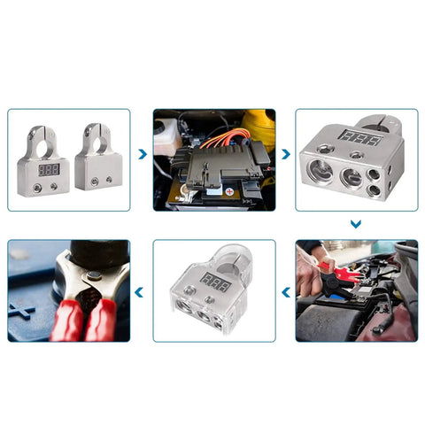 Keep Your Sweet Ride Rolling Smooth Zero Hassle Car Battery Terminal Connector Kit with digital voltmeter and metal connectors.